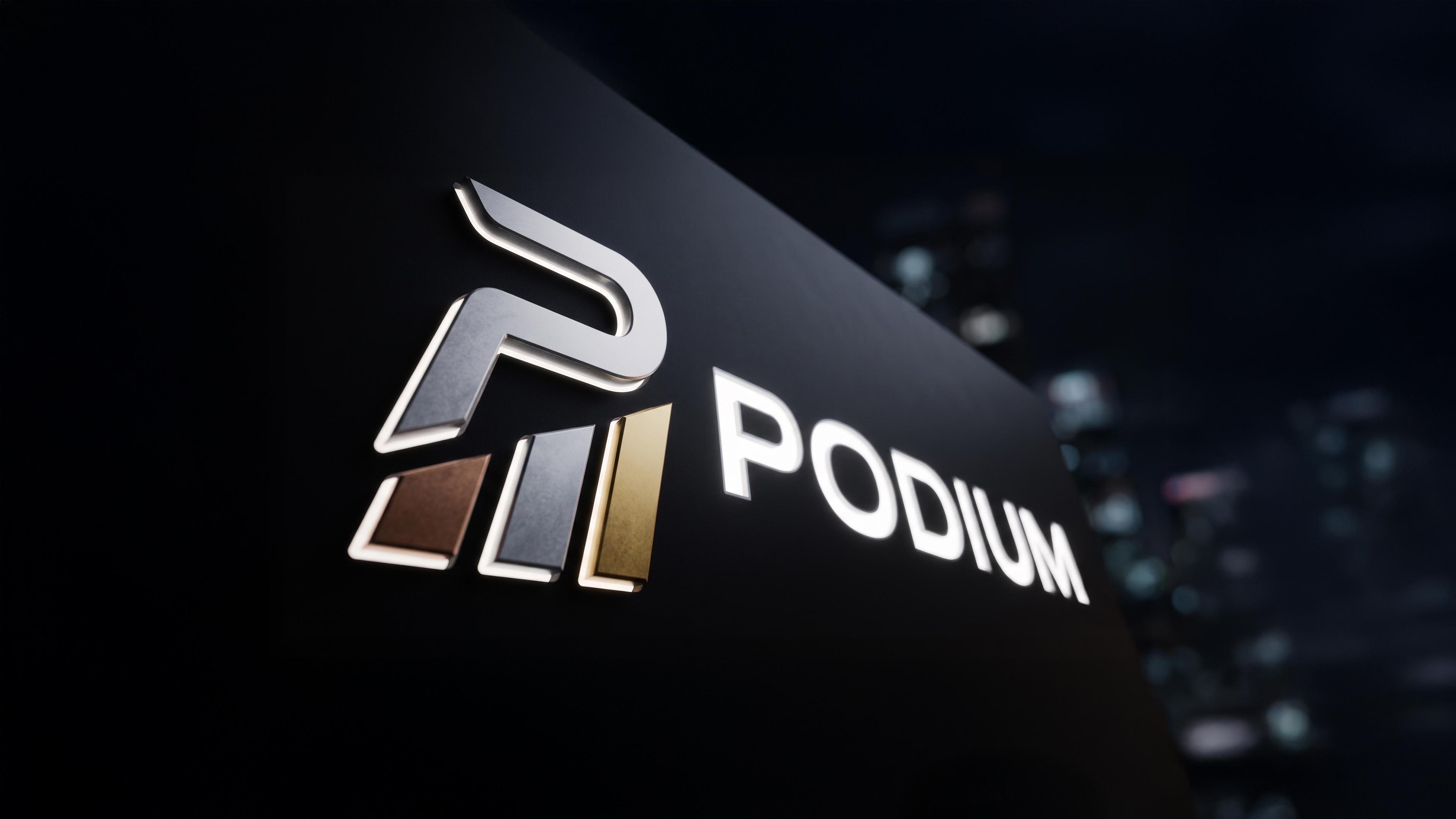 Fachada da Podium Brindes com o logo metálico iluminado